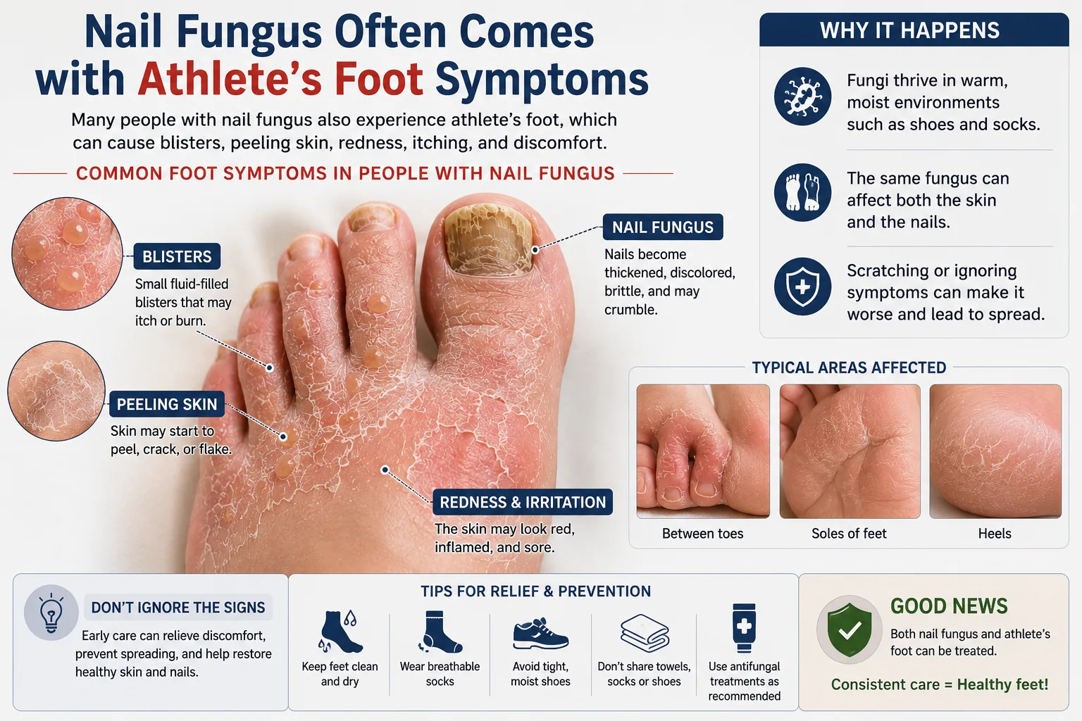 Nail fungus often comes with athlete's foot symptoms — same fungus, different location on the foot