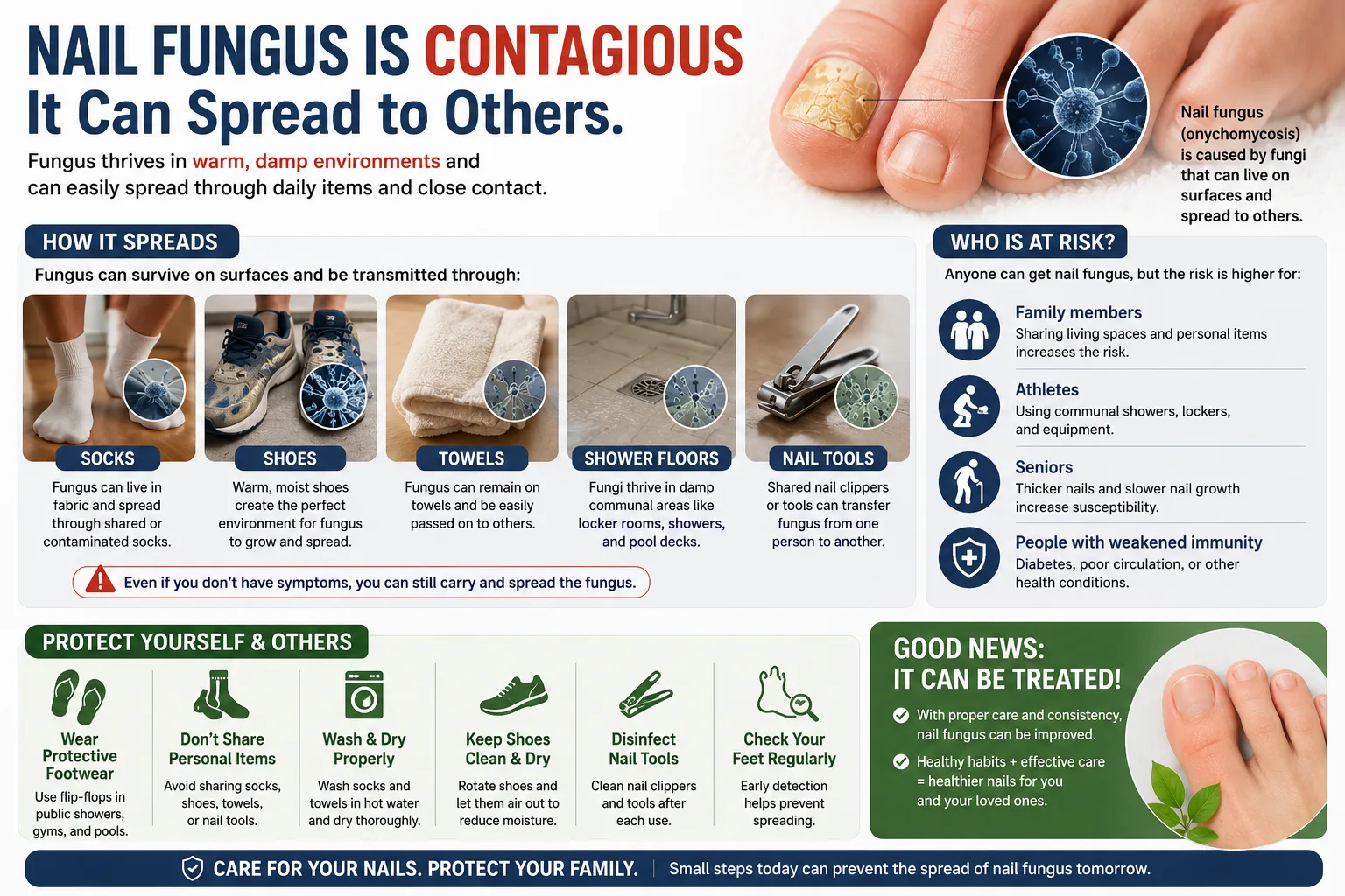 Nail fungus is contagious — how it spreads through socks, shoes, towels, shower floors and nail tools